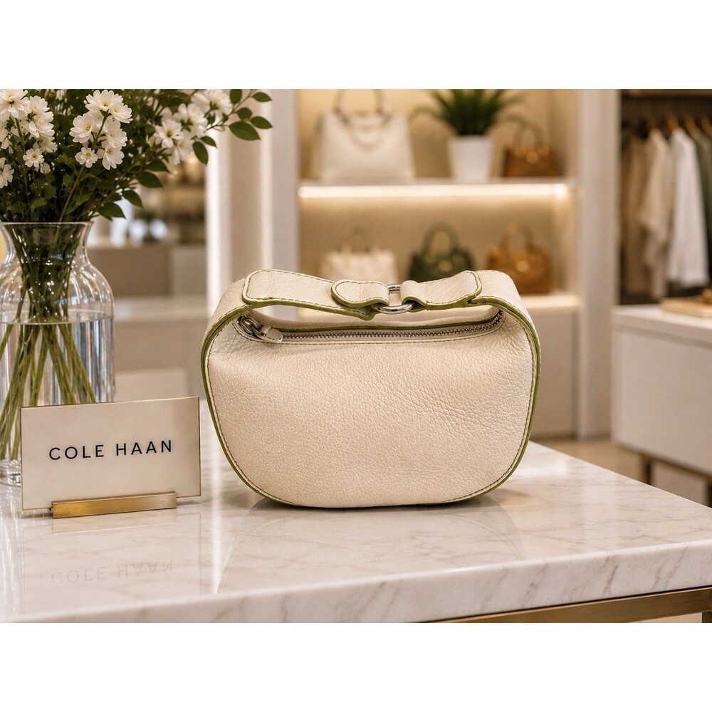 Cole Haan Pebbled Leather Mini Top Handle Handbag Cream Green Trim Dust Bag